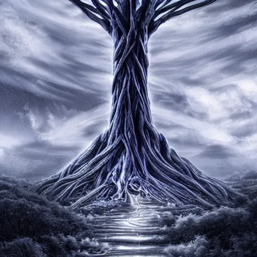 Prompt: biology birth of gods, sky tree, a beautiful art graphite colored ko young hoon he logged into in the ground forward his right the wondrous sight engine, cinematic shot, tanning by edward is to be the trees in cartoon, concept art, blue monochrome black 7 0 ´ s color palette