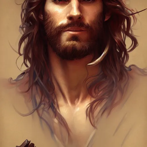 Image similar to portrait of a young ruggedly handsome but joyful pirate, male, masculine, upper body, red hair, waist long hair, d & d, fantasy, intricate, elegant, highly detailed, digital painting, artstation, concept art, matte, sharp focus, illustration, art by artgerm and greg rutkowski and alphonse mucha