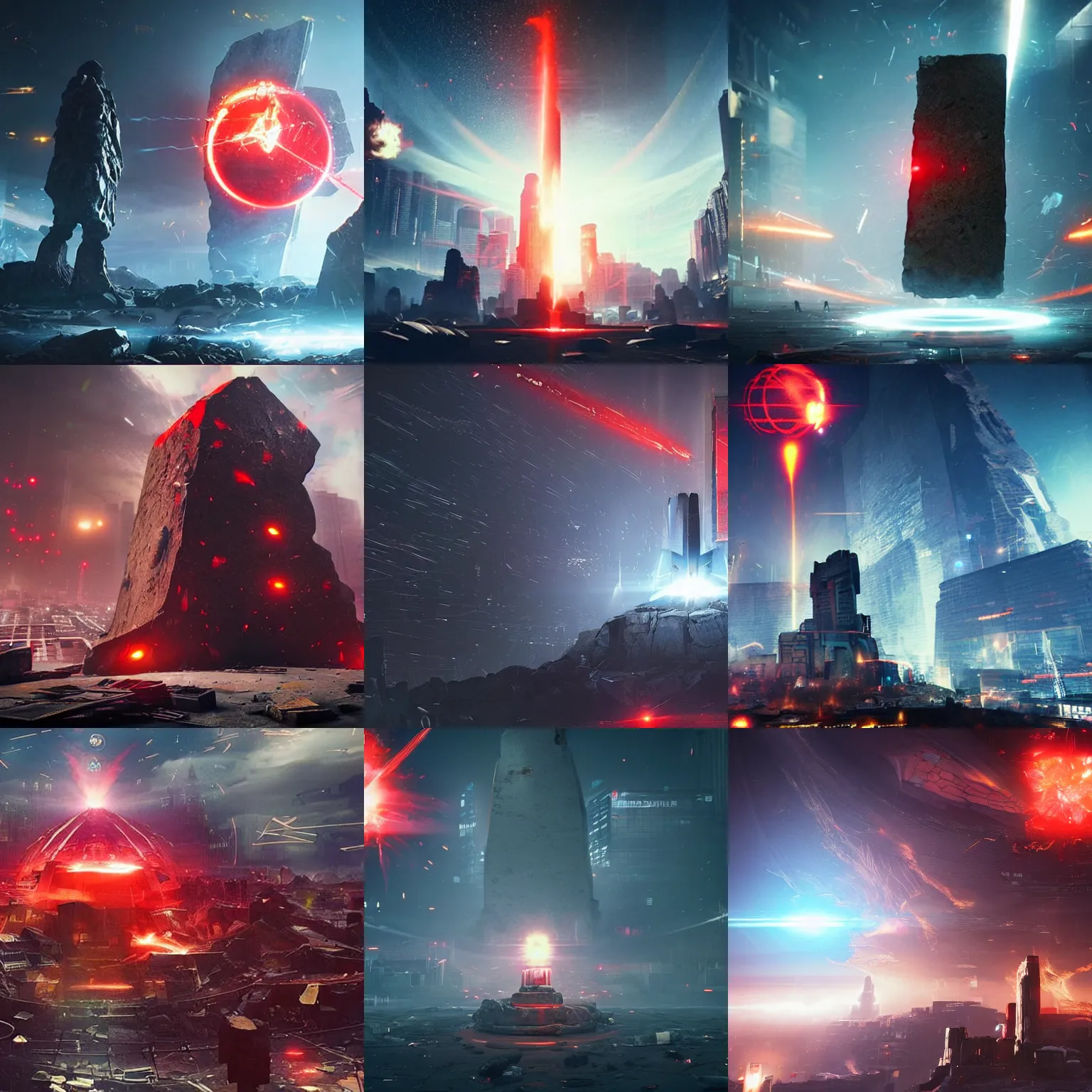 Prompt: a huge towering and broken stone tablet with red light + alien pattern, stands in the center of a prosperous city at the end of the world, and the power and energy is explode, secret, mysterious, doomsday, landscape, video game control, quantum break, arknights