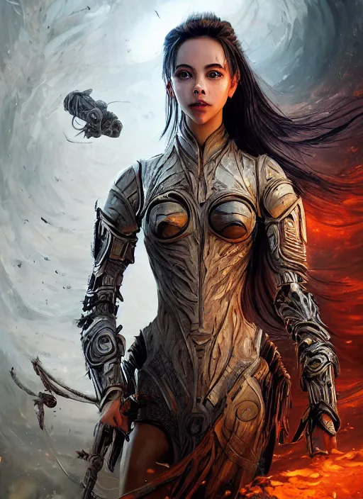 Image similar to a professional portrait of a beautiful young female, clothed in ethereal battle armor, olive skin, long dark hair, beautiful bone structure, symmetrical facial features, deep forest psytrance Neo-Gothic concept, infinity glyph waves, intricate artwork masterpiece, very coherent artwork, cinematic, from Valerian and the City of a Thousand Planets, in the style of Ruan Jia and Mandy Jurgens and Artgerm and Greg Rutkowski and William-Adolphe Bouguerea, very coherent artwork, trending on cgsociety, ultra high quality model, production quality cinema model, high detail chromatic ink outline, octane render, unreal engine 8k, hyper realism, high detail, octane render, unreal engine, 8k, High contrast