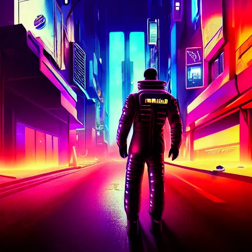 Image similar to professional photo of astronaut on cyberpunk street, synthwave, blade runner 2 0 4 9 style, hyperrealistic masterpiece, trending on artstation, cgsociety, kodakchrome, golden ratio, cinematic, composition, beautiful lighting, hyper detailed, sharp focus, octane render, 4 k, unreal engine