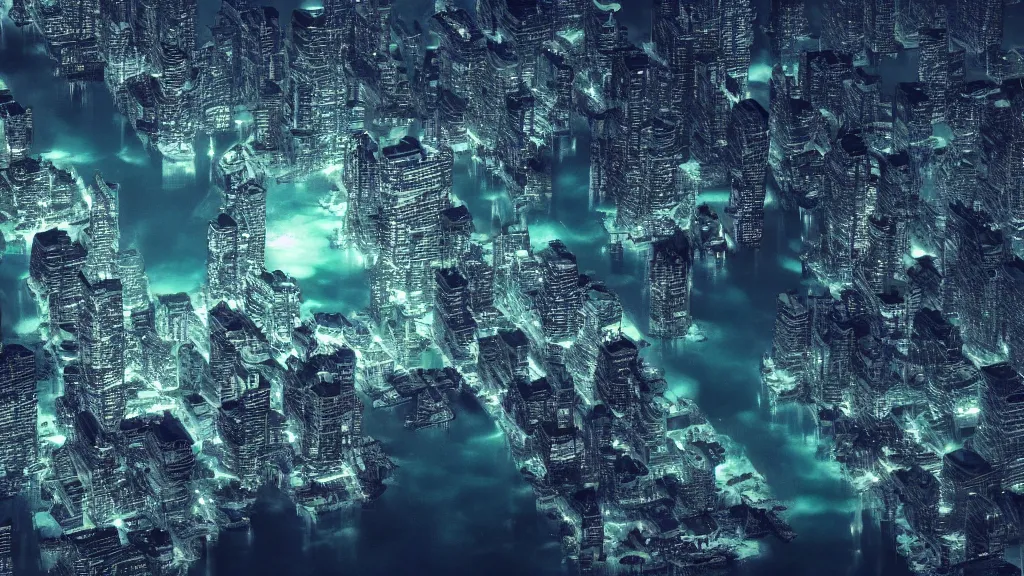 Image similar to photograph of an underwater city at night, 4 k resolution