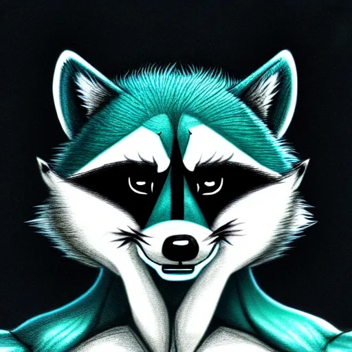 Prompt: anthropomorphic muscular teal raccoon, generic furry style, wearing jeans, deviant art, professional furry drawing, insanely detailed, artistic design, hyper detailed wolf - like face, doing a pose from jojo's bizarre adventure, detailed veiny muscles, exaggerated features, beautiful shading, dramatic lighting, jojo style