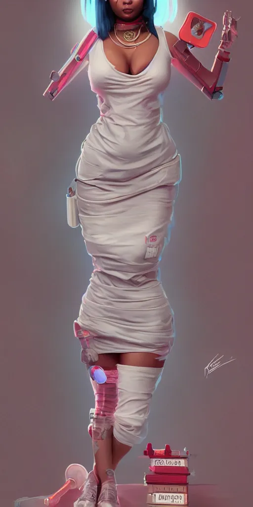 Prompt: full body portrait of nicki minaj as a nurse, concept design, contrast, hot toys, kim jung gi, greg rutkowski, zabrocki, karlkka, jayison devadas, trending on artstation, 8 k, ultra wide angle, pincushion lens effect