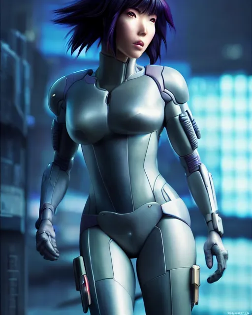 Image similar to weta disney pixar movie still portrait photo of motoko kusanagi ghost in the shell : : as cyborg woman by pixar : : by weta, wlop, ilya kuvshinov, rossdraws, artgerm, marvel, maxim cover, latex, octane render, sweaty, iridescent, bright morning, anime, liosh, mucha : :