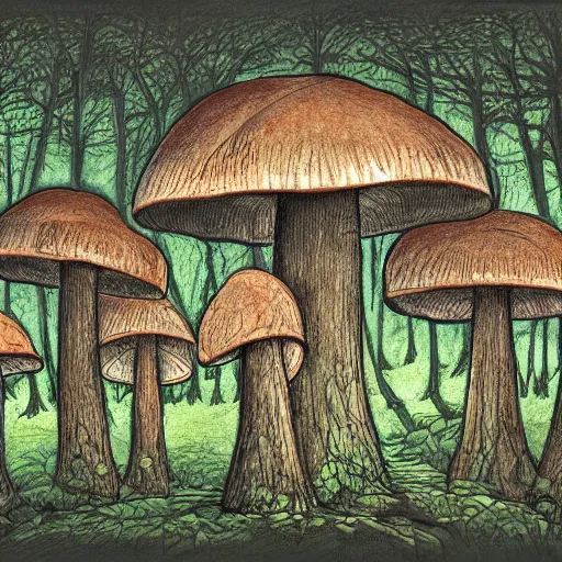 Prompt: drawing of a mushroom city in the middle of the forest, high details, godrays, 4k