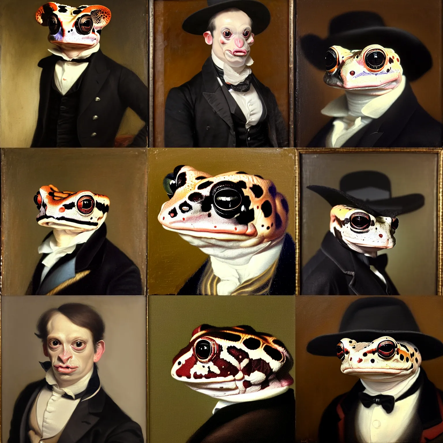 Prompt: a head - and - shoulders portrait of an amazon milk frog looking off camera wearing a black buttoned jacket and white waistcoat and ascot, an american romanticism painting, a portrait painting, cgsociety, soft focus, oil on canvas