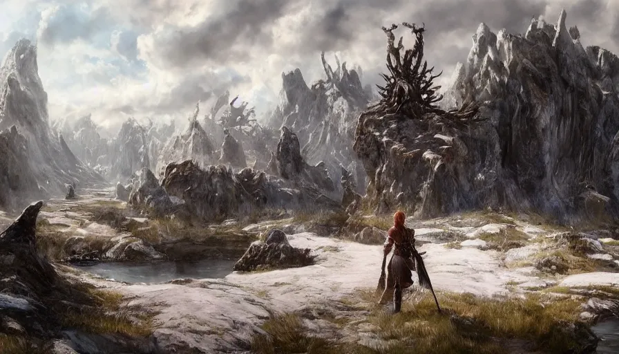 Prompt: Níðhöggr in a nordic landscape under bright daylight with fluffy clouds, set in the world of Guildwars2, painted by Hans Fredrik Gude, Greg Rutkowksi and Artgerm, concept art 2022, ultra realistic masterpiece, contrasting details vs blank areas, oil on canvas