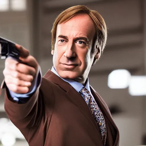 Image similar to a medium shot photo of saul goodman extremely happy to have a pistol in his hand,8k, DSLR, highly detailed skin, highly detailed hands