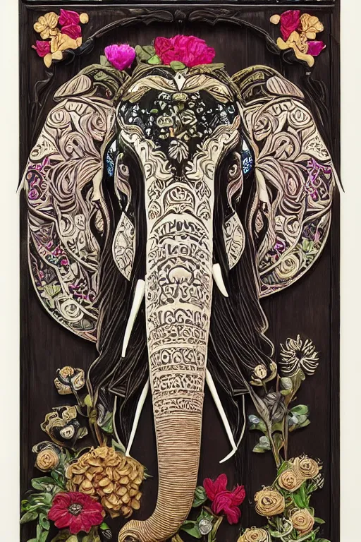 Image similar to Painted dark-wood panel relief carving of a Flowerpunk Matriarch Elephant, ornate border frame, explosion of colorful flowers, dark wood, intricately carved, black ink, festival of rich colors, intricate details, cinematic lighting, volumetric lighting, post-processing, art nouveau, by andreas rocha and john howe, and Martin Johnson Heade, featured on artstation, featured on behance, golden ratio, hyper detailed, photorealistic, epic composition, center spotlight, f32, well composed, UE5, 8k