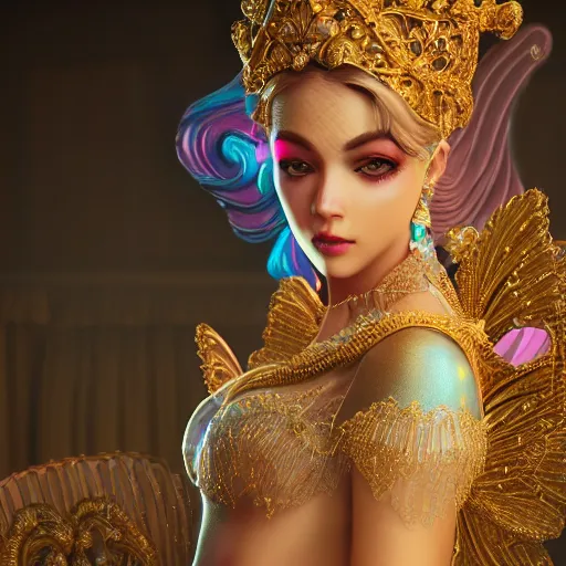 Prompt: portrait of princess, beautiful, attractive, glowing, ornate and intricate, jaw dropping, dynamic lighting, colorful, fairy tale, intricate and detailed, 4 k octane render, closed eyes