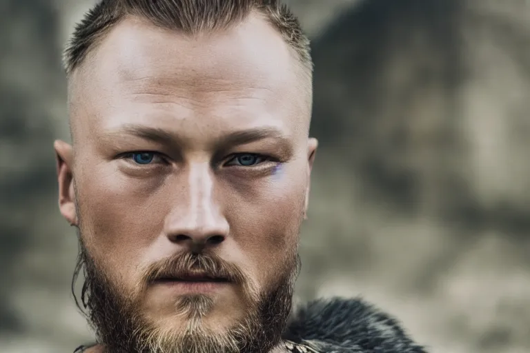 Prompt: a portrait photograph of Ragnar Lothbrok, high resolution image taken with a DSLR camera