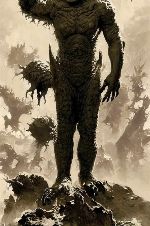 Image similar to full body portrait of huge slimy hairless bipedal ogre, by norman rockwell, jack kirby, jon berkey, earle bergey, craig mullins, ruan jia, jeremy mann, tom lovell, marvel, astounding stories, 5 0 s pulp illustration, scifi, fantasy, artstation creature concept