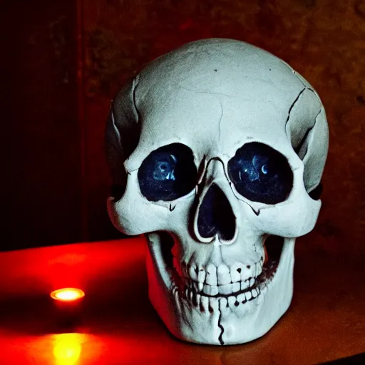 Prompt: humanoid skull with glowing red eyes, on a table, beautiful lighting