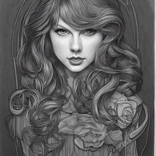 Image similar to romantic pencil drawing of taylor swift by james jean!!, mucha