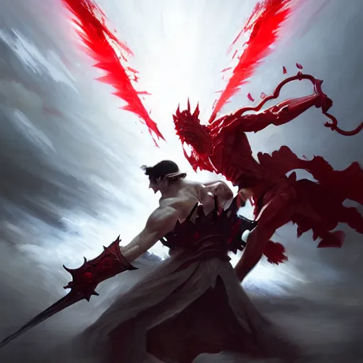 Prompt: an white angle fights against a red demon, by greg rutkowski, magic the gathering, highly detailed, matte painting,