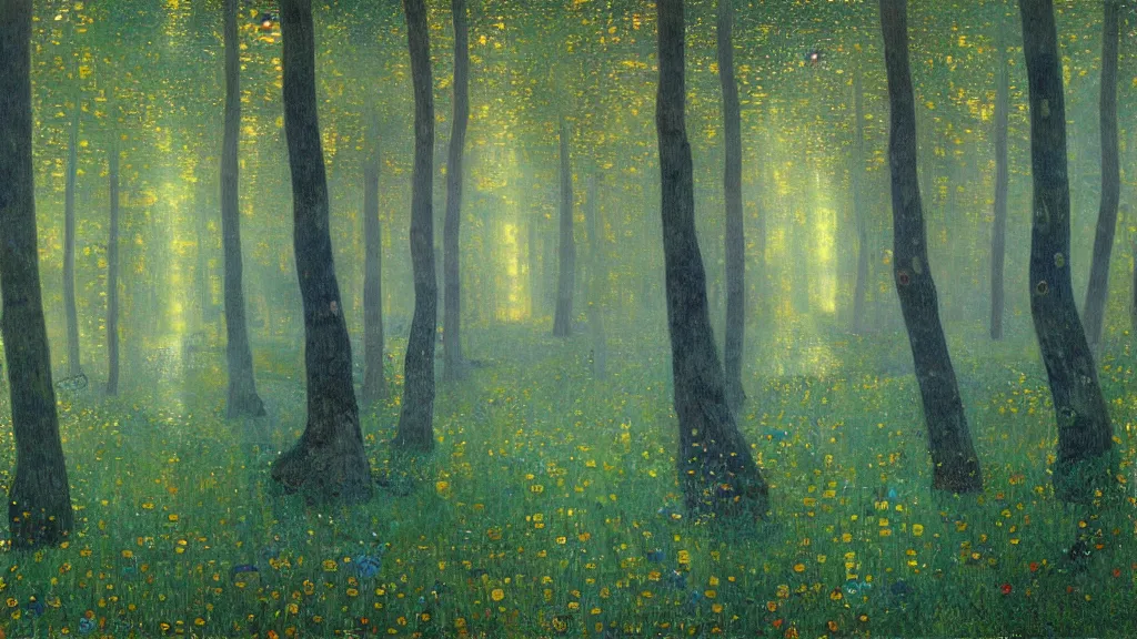 Image similar to A Gustav Klimt oil painting of a hauntingly beautiful elven forest in the morning; rays of light coming through the canopy; trending on artstation; extraordinary masterpiece!!!!!!; 8k