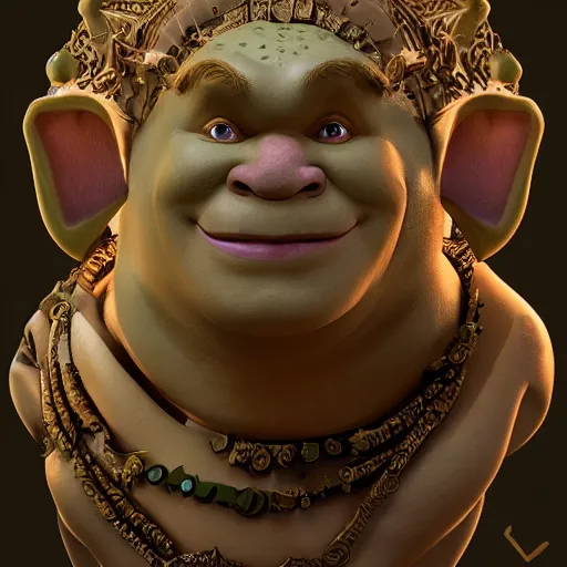 Image similar to what it would look like if golem and shrek had a baby with nanny mcphee and goldielocks, ornate, dynamic, particulate, intricate, elegant, highly detailed, centered, artstation, smooth, sharp focus, octane render, 3 d