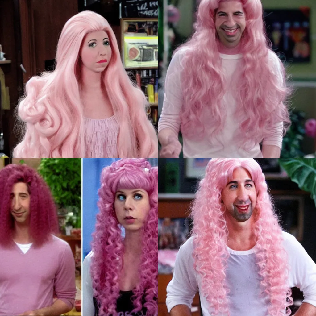 Prompt: Ross geller from friends dressed rose Quartz from Steven universe, Ross geller as played by David Schwimmer wearing a gigantic pink curly wig and a white dress —width 270 —height 480 —cfg 7 —steps 50