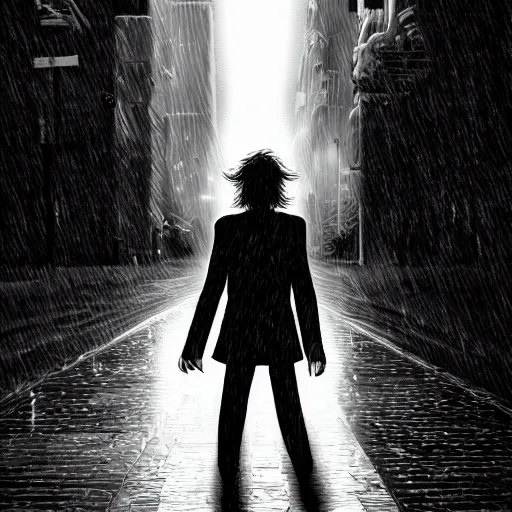 Prompt: black in white joker walking in the rain, night life buildings, sad mood, low angle, realistic, intricate, detailed, digital art, 4 k, 8 k, wallpaper, artstation trending