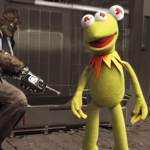 Image similar to a still of from the movie the muppet movie crossover with the game deus ex : mankind divided