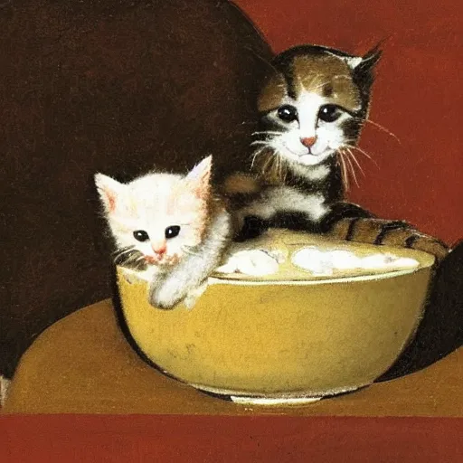 Image similar to baby kitten on a bowl of soup, medieval art