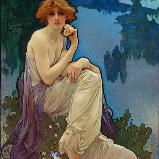 Image similar to tempera composed by alphonse mucha, by meredith marsone, by alexandre cabanel. the sculpture of two lakes in connecticut, with mountains in the distance.