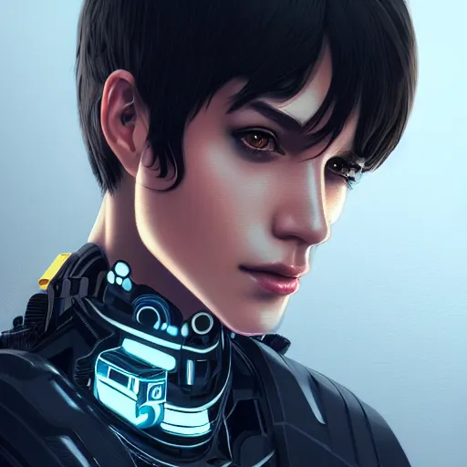 Image similar to portrait of cool boy with robot body by artgerm and ilya kuvshinov, close up, portrait, cinematic, elegant, artstation, intricate, highly detailed, digital painting, artstation, concept art, sharp focus, illustration, cyberpunk, cgsociety, 8 k