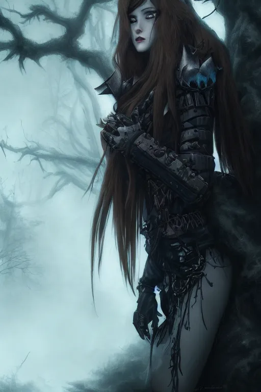 Image similar to dramatic atmospheric dark forest scenery, girl with vampire-fangs in hide leather armor, hyperdetailed, artstation, cgsociety, 8k