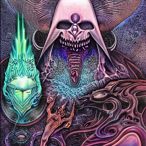 Image similar to marduk, devourer of worlds, detailed airbrush ink art in dark and muted colors art by moebius on dmt and shrooms