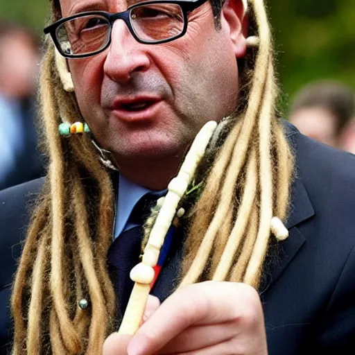 Prompt: a photo of François Hollande with dreadlocks smoking a joint, lots of dreadlocks on the head, short dreadlocks with beads