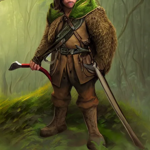 Image similar to a clean shaven rugged warrior hobbit in leather armor with very short hair and a dark green cloak and dark green hood hiking through the forest with his pet dark red dragon, trending on artstation, realistic, detailed, by Tony Sart