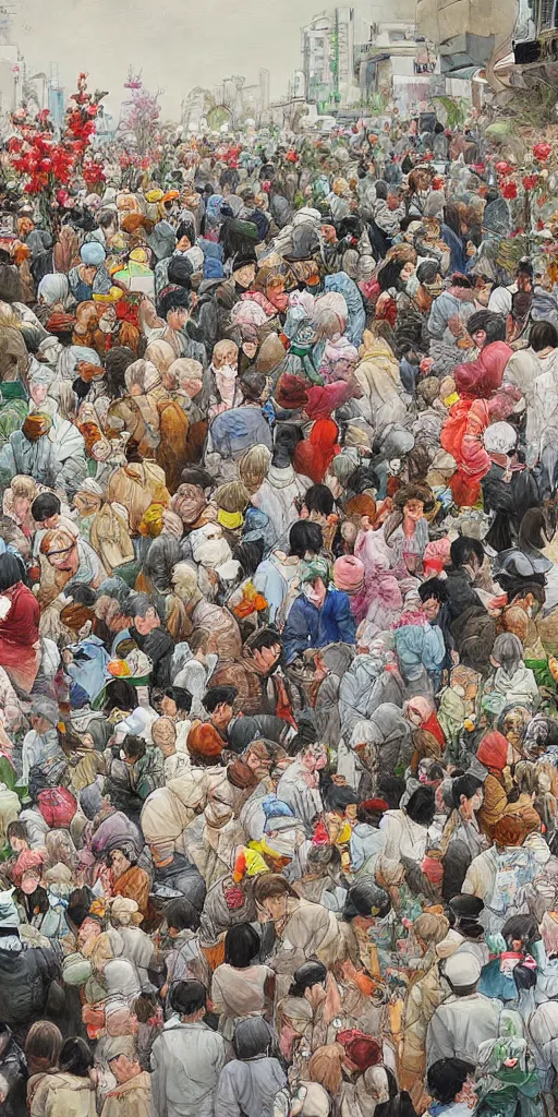 Prompt: oil painting scene crowd from blooming garden by kim jung gi