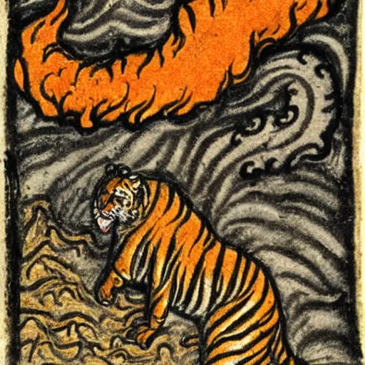 Image similar to bad drawn tiger made of smoke, lava and fire flying in the sky with many legs in a medieval manuscript, medieval manuscript, golden miniatures