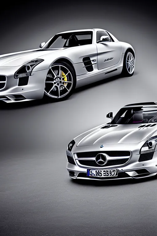 Prompt: Mercedes SLS AMG crossed with a Mercedes-Benz 300SL, studio lighting, high resolution, award winning