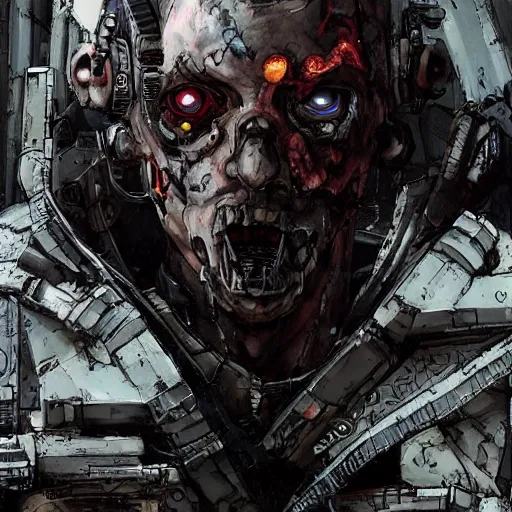 Image similar to a post-apocalyptic cyberpunk grimdark demon in the style of leonard boyarsky in the style of Yoji Shinkawa detailed realistic HD 8k High Resolution