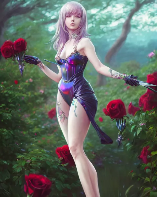 Image similar to an elegant lady in a full bodysuit surrounded by holographic swords in a garden full of roses, final fantasy, cushart krenz, cushart krenz, goddess, unreal engine, very detailed, realistic face, detailed face, matte, tonemapping, perfection, 4 k