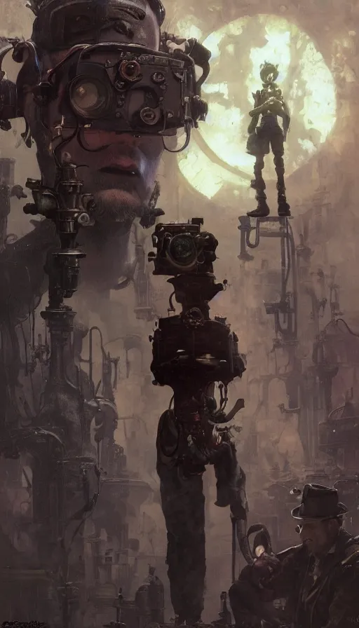 Prompt: hyper realistic photographer looking through camera towards viewer, magical, steampunk, hell boy, painted by mike mignola, craig mullins, j. c. 8 k