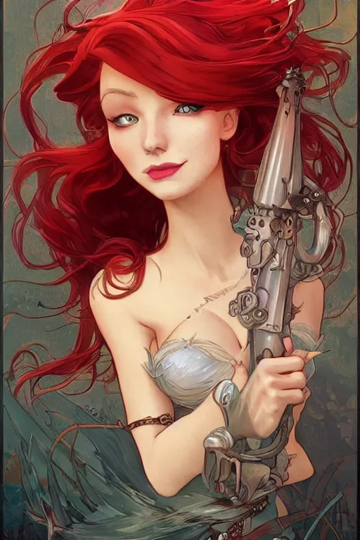 Image similar to ariel little mermaid steampunk, red hair, high fantasy, dnd, smooth, sharp focus, illustration, highly detailed, digital painting, artstation, concept art, by disney animation, rossdraws, alphonse mucha, frank fanzzeta, collectible card art