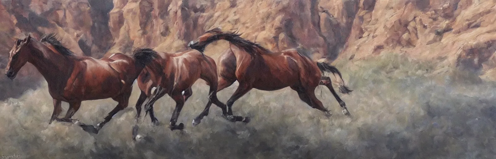 Image similar to lots of horses running through the canyon, hyper realistic, more details, they might be crawling, original oil on canvas painting by sydney mount