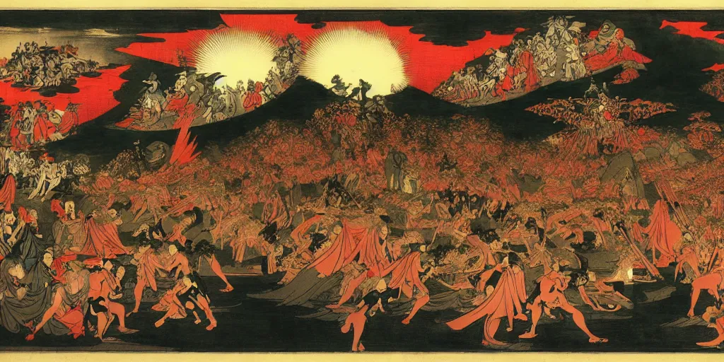 Image similar to Dante's Inferno, by Utagawa Kuniyoshi, dramatic lighting, high contrast colors, panoramic view, as trending on Artstation,