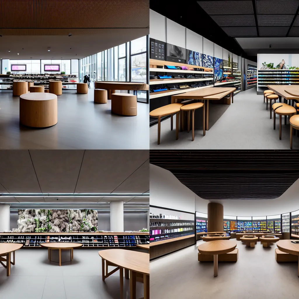 Prompt: (2050s Microsoft art nouveau brutalist luxurious retail interior. Mobile phones. large oak tables, empty stools, fragrant plants, large digital screens) muted palette, architectural photography, wide shot, XF IQ4, 14mm, f/1.4, ISO 200, 1/160s, 8K, RAW, unedited, symmetrical balance