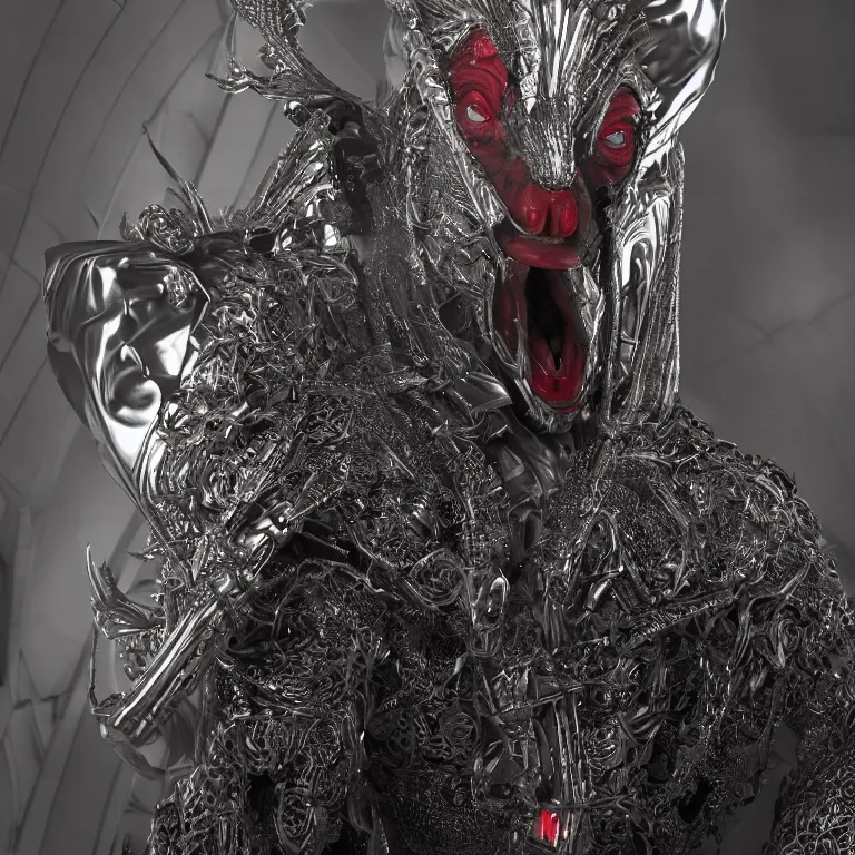 Prompt: octane render portrait by wayne barlow and carlo crivelli and glenn fabry, a humanoid lizard wearing a shiny silver mask and red cardinal robes, inside an intricate dynamic dark and moody detailed gothic futuristic cathedral, cinema 4 d, ray traced lighting, very short depth of field, bokeh