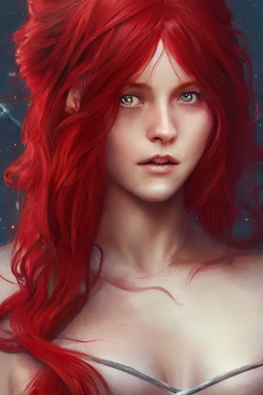 Image similar to beautiful cute red haired joyful and playful 1 9 year old maiden, long hair, sci - fi, fantasy, intricate, elegant, digital painting, artstation, concept art, smooth, sharp focus, 8 k frostbite 3 engine, ultra detailed, art by artgerm and greg rutkowski and magali villeneuve