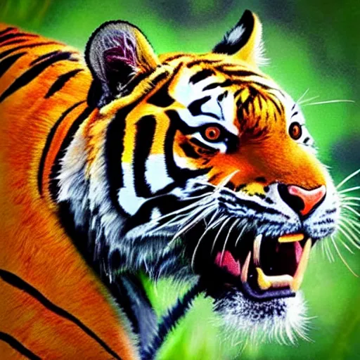 Image similar to “a tiger running towards the camera, whole body, photo realism”