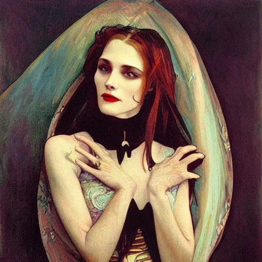 Prompt: A beautiful painting of a lady vampire, victorian, dracula, ominous, oil on canvas, photorealism, alphonse mucha, irwin penn, high definition, soft light