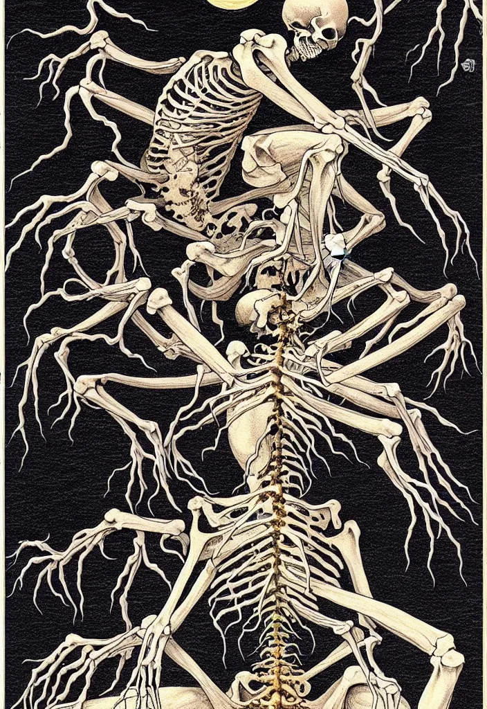 Image similar to prompt: anatomy dissection drawing skeleton Bonsai tree squid creature roots merging into big moon drawn by Takato Yamamoto, bonsai skeleton anatomy atlas, veins and organs attached to tree roots, alchemical objects inspired by 1980's sci-ci, intricate oil painting detail, manga 1980