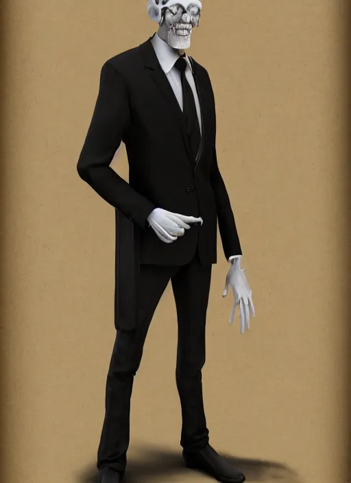 Image similar to full length portrait of skinny old man with parchment colored boney head, wearing a black high necked suit with patched elbows 8 k realistic hyper detailed artstation concept art