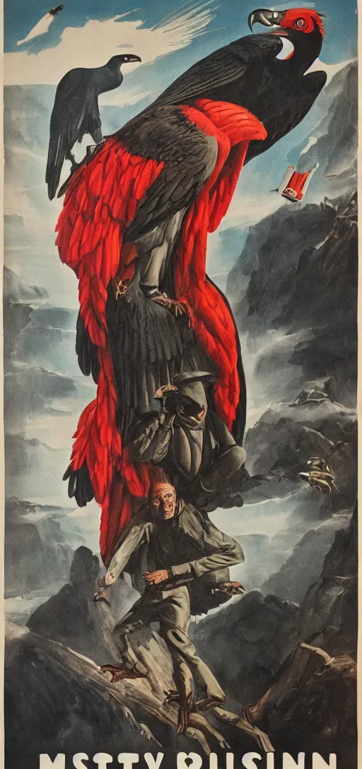 Image similar to mistery man in hood and red eyes with a dager, and a vulture, 1940s propaganda poster, full hd,highly detailed