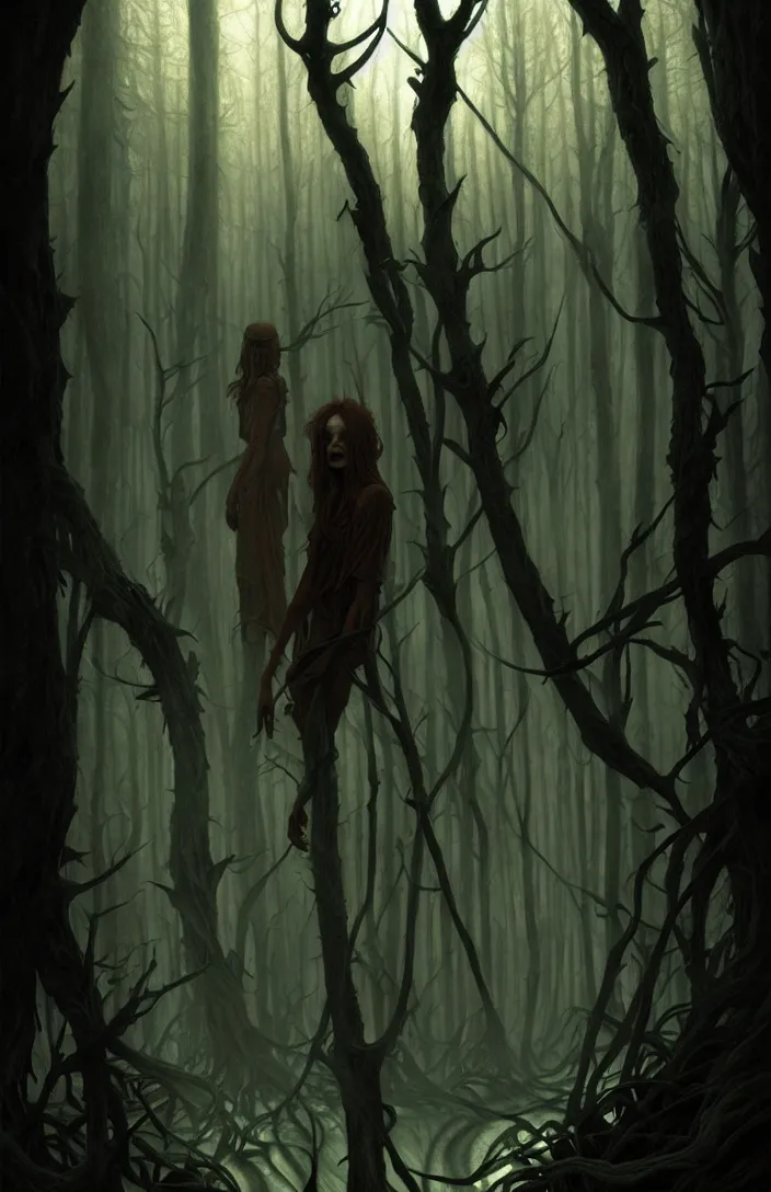 Image similar to shadow people inside a dark horror forest, heroic lighting, folklore, intricate, highly detailed, lifelike, photorealistic, digital painting, artstation, illustration, concept art, smooth, sharp focus, art by John Collier and Albert Aublet and Krenz Cushart and Artem Demura and Alphonse Mucha